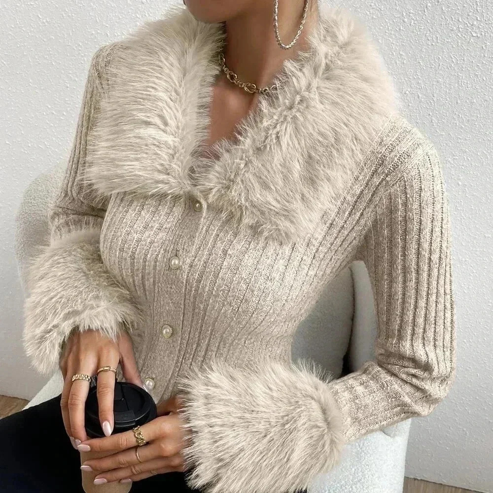 Apricot Elegant Women's Fuzzy Collar Ribbed Knit Cardigan - Picture 8 of 8
